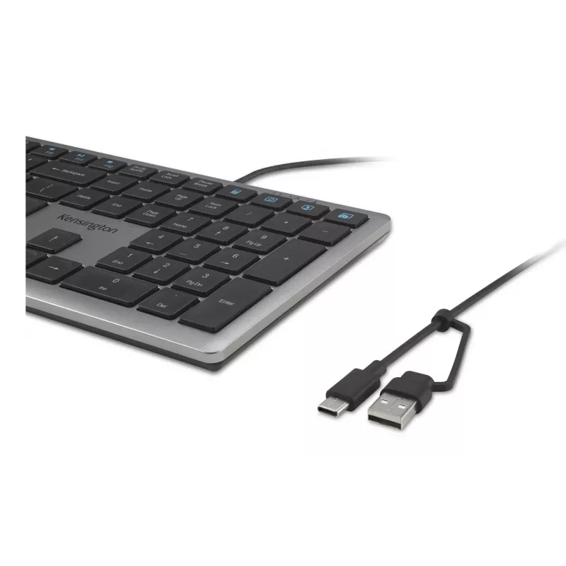 Teclado com fios Kensington KB515 EQ USB-C/USB-A, tamanho completo (100%), com fios, USB, interruptores de tesoura, QWERTY, cinzento
