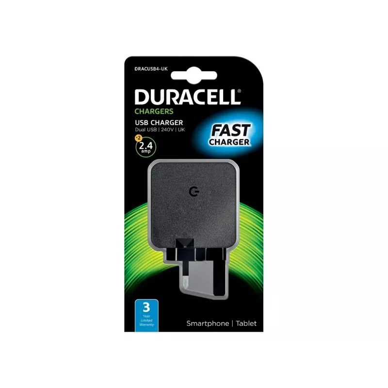 Duracell 2x2,4A carregador USB para telefone/tablet, interior, AC, 5 V, preto