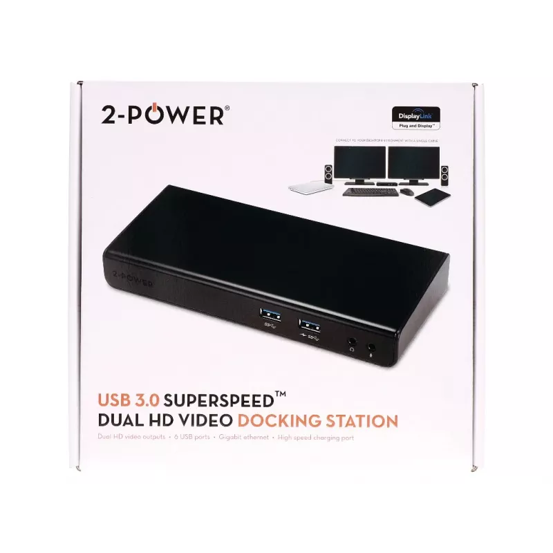 Docking station 2-Power USB 3.0 Dual Display, docking, 3,5 mm, USB Type-A, USB Type-B, 10,100,1000 Mbit/s, preto, 5 Gbit/s