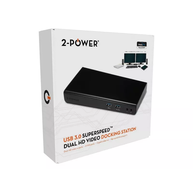 Docking station 2-Power USB 3.0 Dual Display, docking, 3,5 mm, USB Type-A, USB Type-B, 10,100,1000 Mbit/s, preto, 5 Gbit/s
