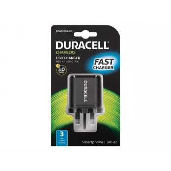 Carregador de rede Duracell Type-C e Type-A, interior, AC, preto