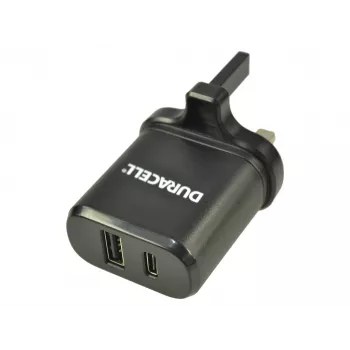 Carregador de rede Duracell Type-C e Type-A, interior, AC, preto