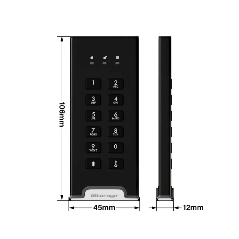 SSD iStorage diskAshur M² 2TB | SSD portátil segura | Conforme FIPS 140-3 Nível 3 | Common Criteria EAL 5+ | Independente do SO e plataforma | Conforme RGPD, TAA | Proteção contra força bruta | Resistente ao pó e água