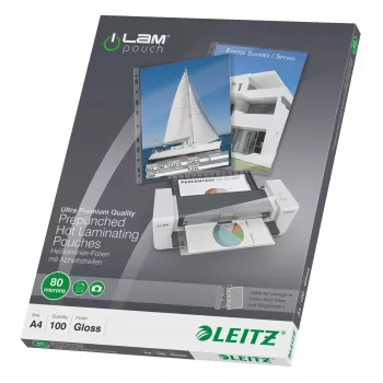 Leitz iLAM Películas de plastificação A4 pré-perfuradas, 80 mícrones, embalagem de 100