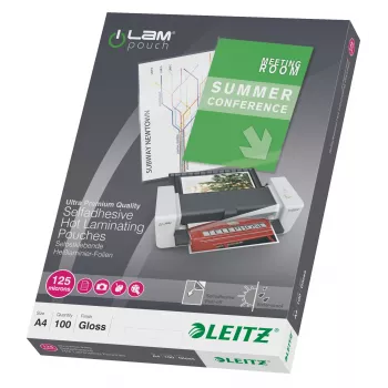 Leitz iLAM Películas de plastificação A4 autoadesivas, 125 mícrones, embalagem de 100