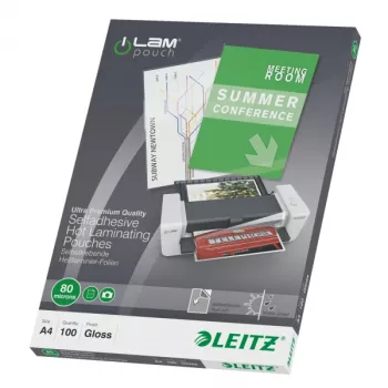 Leitz iLAM Películas de plastificação A4 autoadesivas, 80 mícrones, embalagem de 100