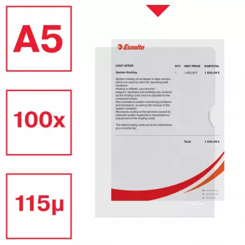 Esselte pasta Premium A5, pasta de projeto, A5, polipropileno (PP), transparente, vertical, 40 folhas