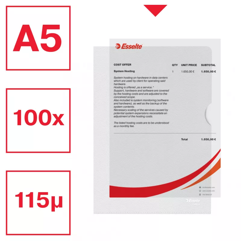 Esselte pasta Premium A5, pasta de projeto, A5, polipropileno (PP), transparente, vertical, 40 folhas
