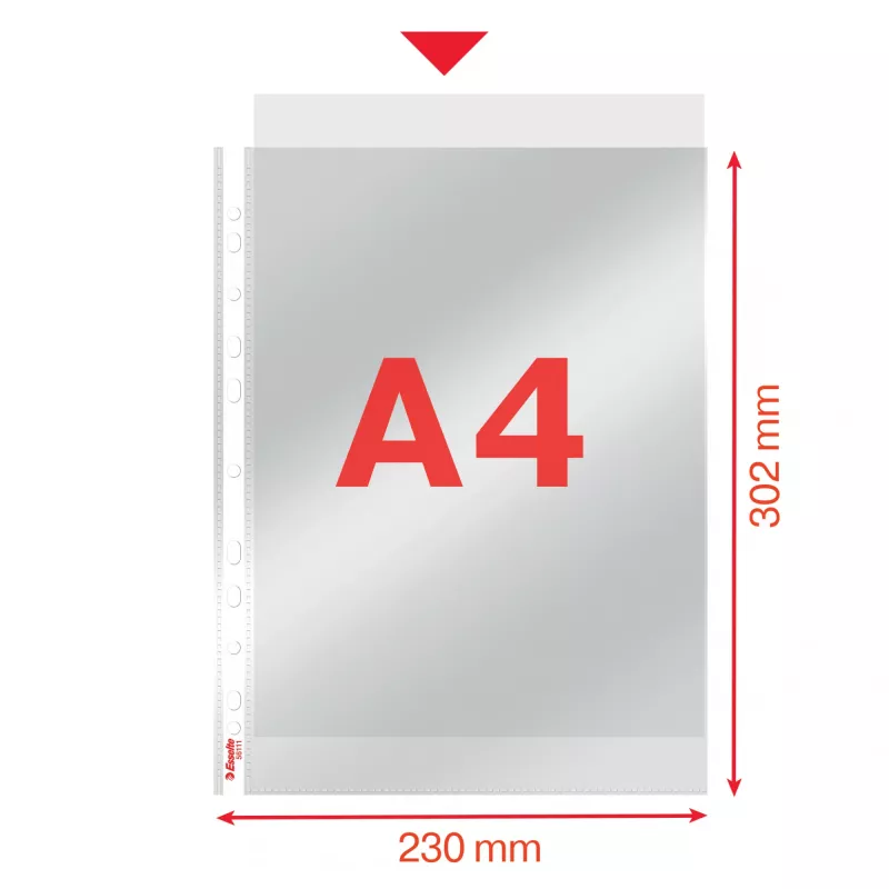 Bolsa Esselte 75my A4, 210 x 297 mm (A4), transparente, polipropileno (PP), vertical, topo, 0.075 mm