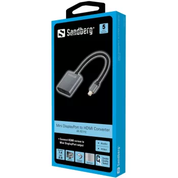Sandberg adaptador MiniDP1.4>HDMI2.0 4K60, Mini DisplayPort, HDMI Type-A (Standard), conector macho, conector fêmea, 3840 x 2160 píxeis, 6 Gbit/s