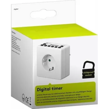Tomada inteligente MicroConnect GRUTIMER3 — temporizador interior com LCD, 110×81×78 mm, branco