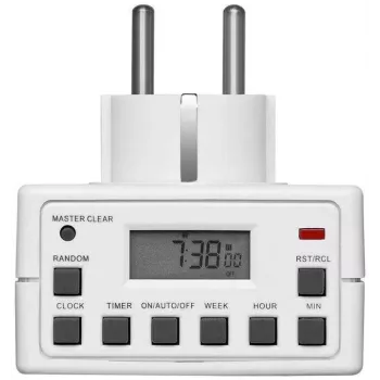 Tomada inteligente MicroConnect GRUTIMER3 — temporizador interior com LCD, 110×81×78 mm, branco