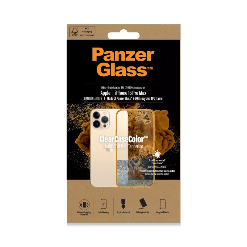 Capa de proteção ClearCaseColor PanzerGlass para iPhone 13 Pro Max 6,7 polegadas – PET e vidro temperado, laranja