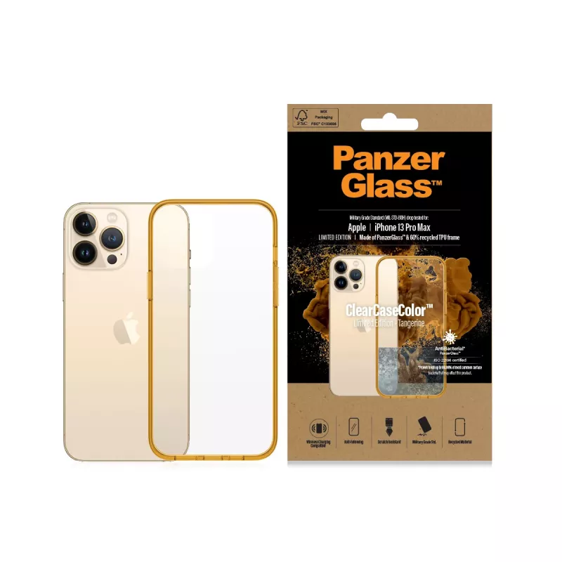 Capa de proteção ClearCaseColor PanzerGlass para iPhone 13 Pro Max 6,7 polegadas – PET e vidro temperado, laranja