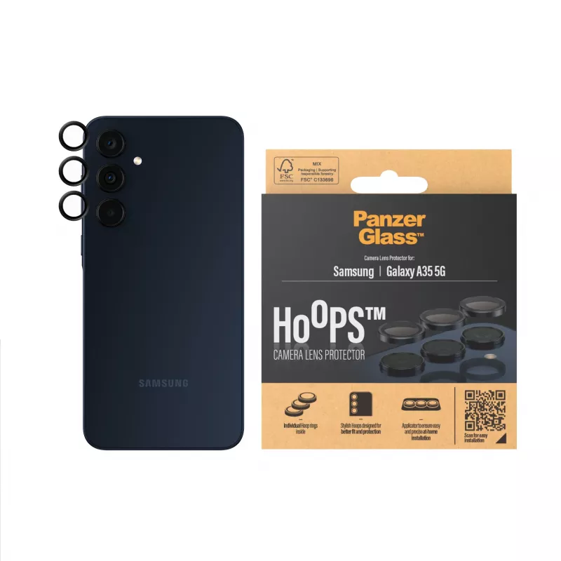 Proteção de lentes da câmara PanzerGlass Hoops para Samsung Galaxy A35 5G, vidro temperado, moldura preta