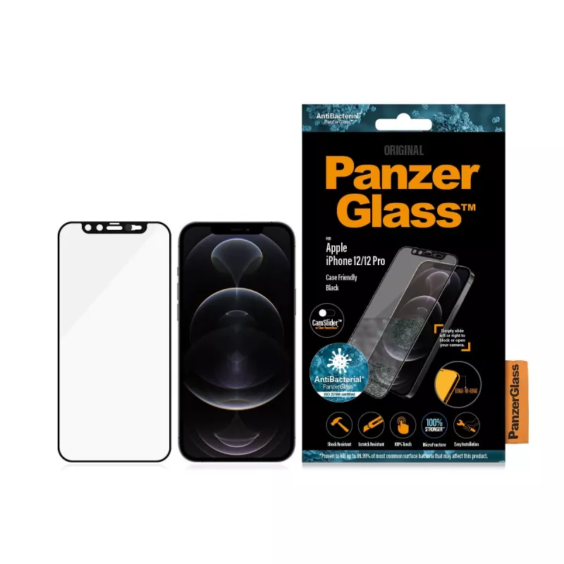 Proteção de ecrã PanzerGlass CamSlider para Apple iPhone 12 / 12 Pro — Vidro temperado sem moldura, Transparente, 6,1 polegadas