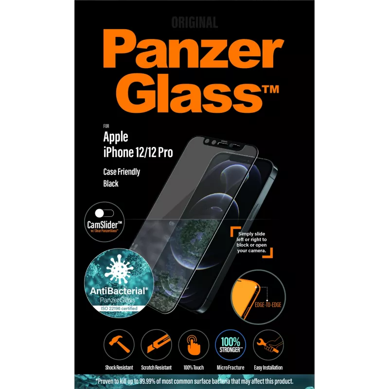 Proteção de ecrã PanzerGlass CamSlider para Apple iPhone 12 / 12 Pro — Vidro temperado sem moldura, Transparente, 6,1 polegadas