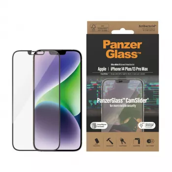 Película de proteção de ecrã transparente PanzerGlass CamSlider para Apple iPhone 14 Plus / 13 Pro Max, 6,68 polegadas, vidro temperado, PET, antibacteriana