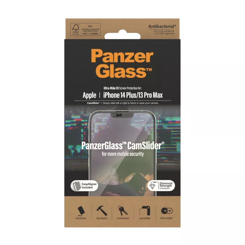 Película de proteção de ecrã transparente PanzerGlass CamSlider para Apple iPhone 14 Plus / 13 Pro Max, 6,68 polegadas, vidro temperado, PET, antibacteriana