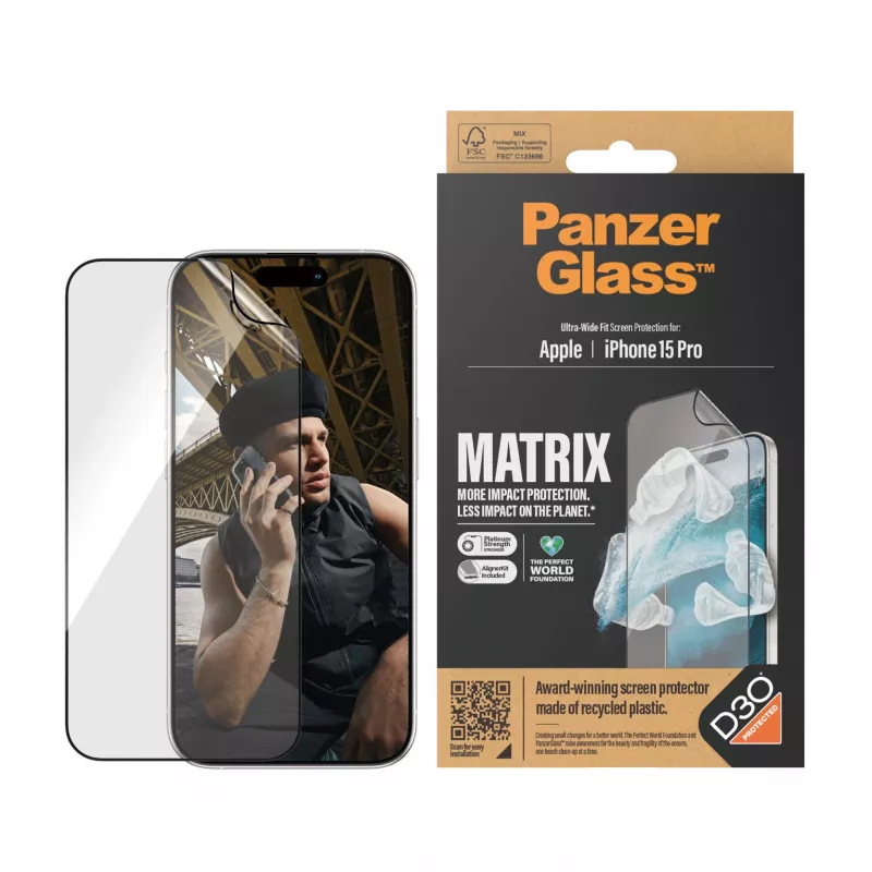Película de proteção de ecrã PanzerGlass ® ECO MATRIX com D3O® iPhone 15 Pro | Encaixe ultralargo com AlignerKit