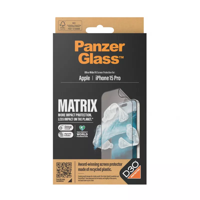 Película de proteção de ecrã PanzerGlass ® ECO MATRIX com D3O® iPhone 15 Pro | Encaixe ultralargo com AlignerKit