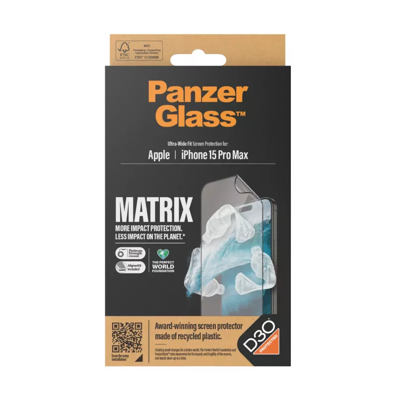 Película de proteção de ecrã PanzerGlass ® ECO MATRIX com D3O® iPhone 15 Pro Max | Ultra-Wide Fit com AlignerKit