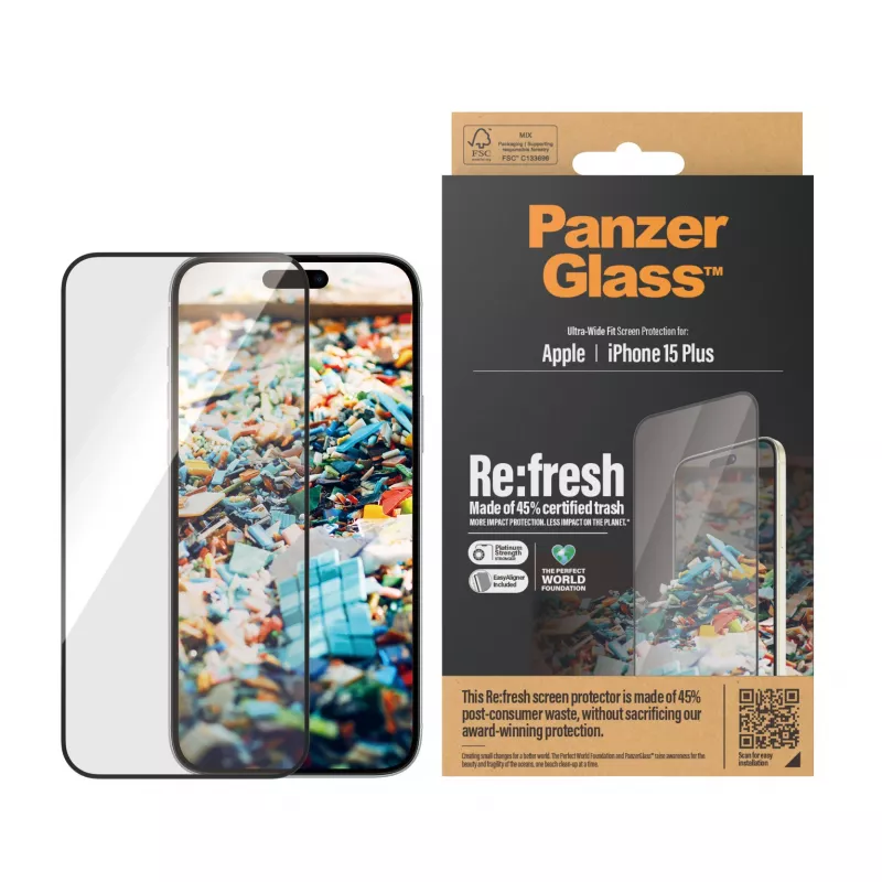 Película de proteção de ecrã PanzerGlass® Re:fresh iPhone 15 Plus | Ultra-Wide Fit com EasyAligner