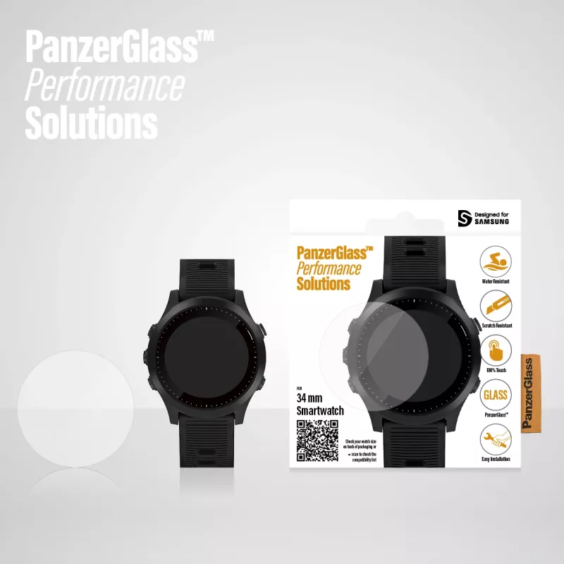 Proteção de ecrã PanzerGlass SmartWatch 34mm — vidro temperado 34×34×0,51 mm, transparente