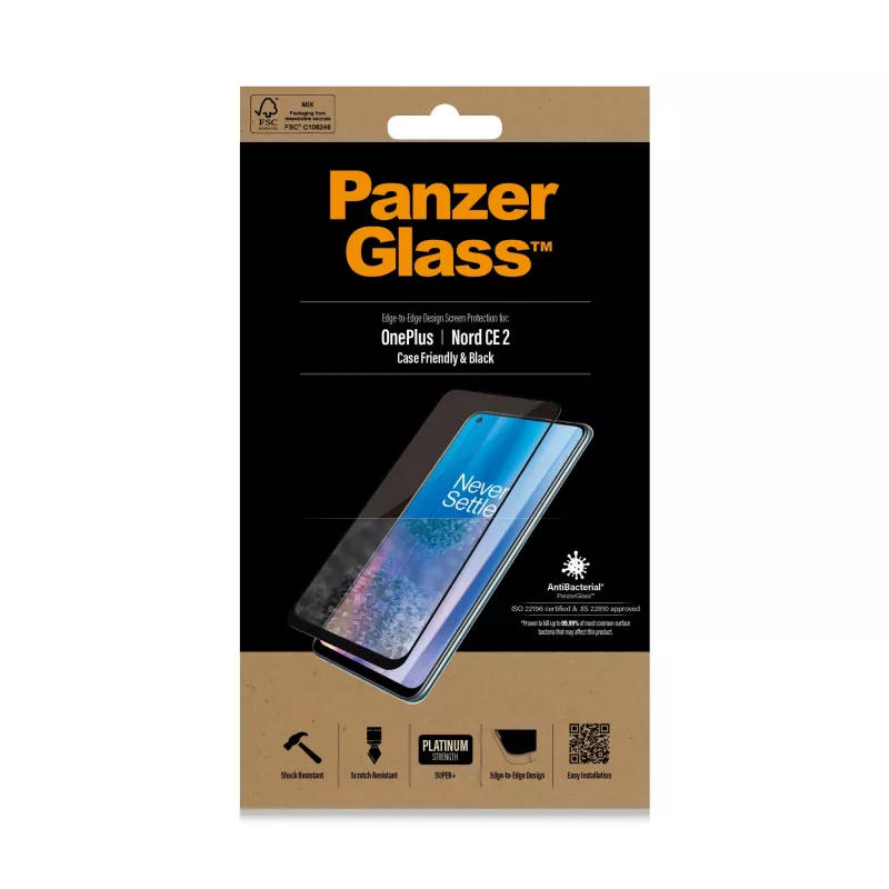 Proteção de ecrã PanzerGlass OnePlus Nord 2 CE resistente a riscos resistente a impactos antibacteriana