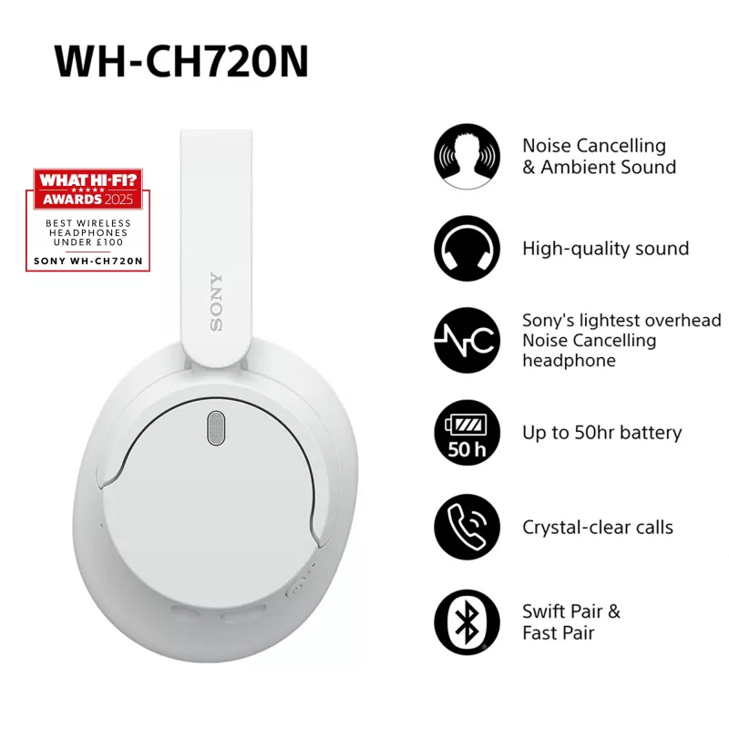 Headset Sony WH-CH720 com fio e sem fio arco de cabeça chamadas/música USB Type-C Bluetooth branco