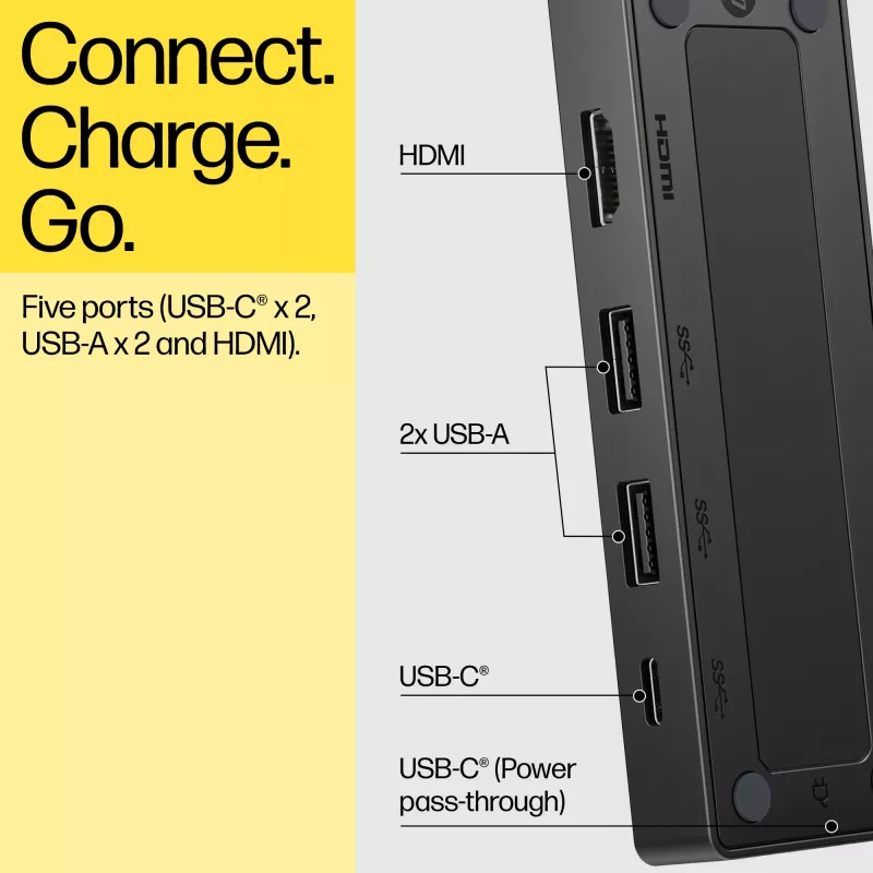 USB-C Travel Hub G3 — HP, anfitrião USB 3.2 Gen 2 Type-C, HDMI, USB-A, PD até 65 W, 116×41,9×14,5 mm