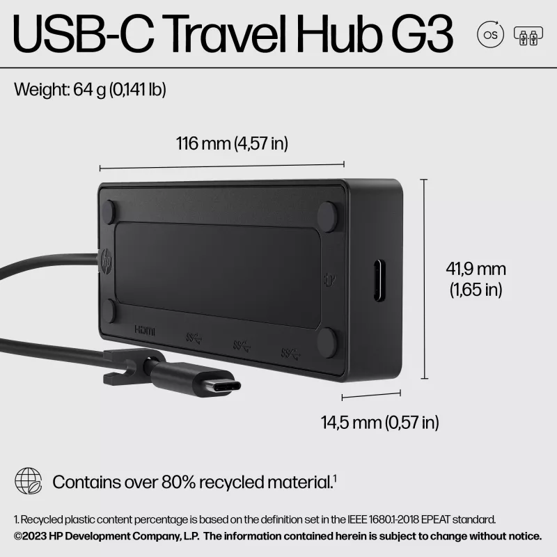 USB-C Travel Hub G3 — HP, anfitrião USB 3.2 Gen 2 Type-C, HDMI, USB-A, PD até 65 W, 116×41,9×14,5 mm