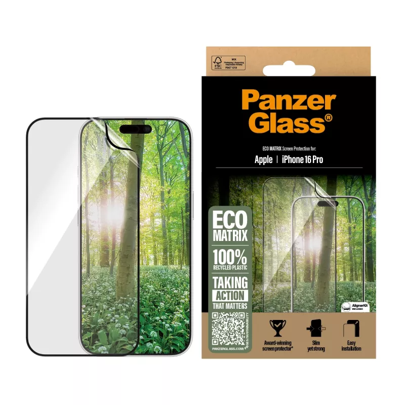 Proteção de ecrã PanzerGlass ® ECO MATRIX iPhone 16 Pro | Ultra-Wide Fit