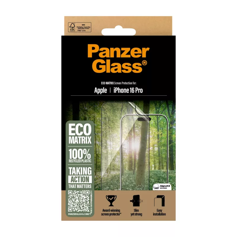 Proteção de ecrã PanzerGlass ® ECO MATRIX iPhone 16 Pro | Ultra-Wide Fit