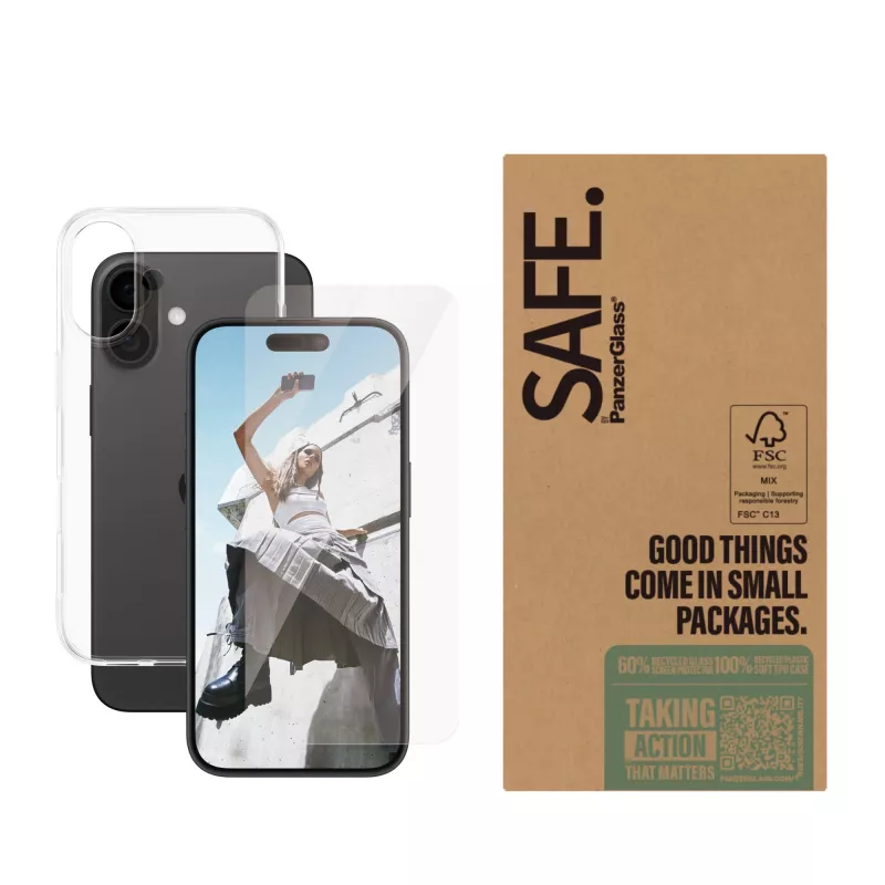 Conjunto de películas de proteção de ecrã transparentes PanzerGlass SAFE. by ® para iPhone 16 — vidro temperado + PET + silicone, transparente, 50 unid.