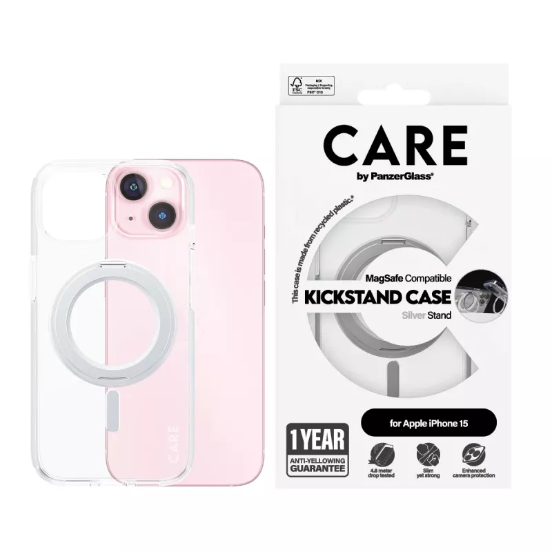 Capa PanzerGlass CARE™ by ® transparente com suporte prateado e MagSafe iPhone 15