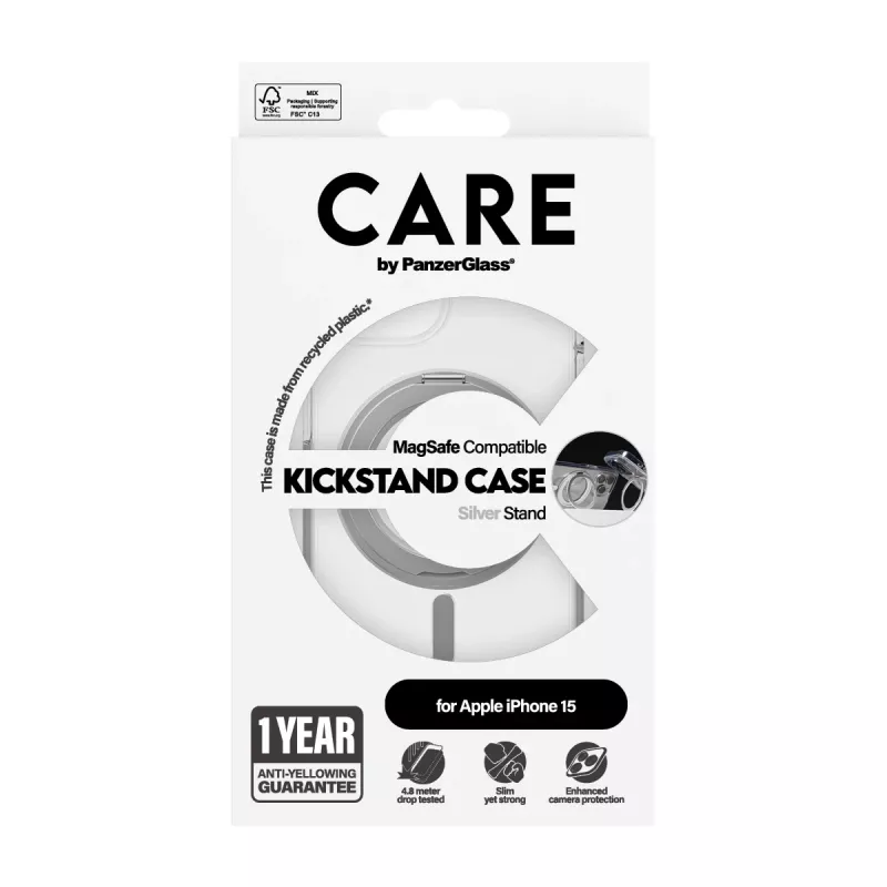 Capa PanzerGlass CARE™ by ® transparente com suporte prateado e MagSafe iPhone 15