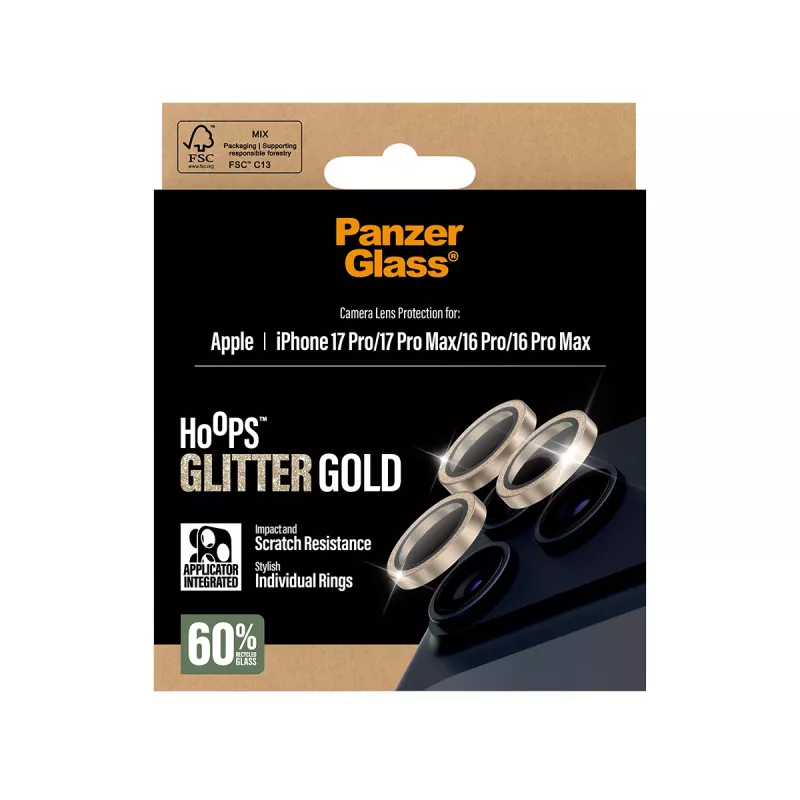 PanzerGlass® Hoops® proteção da lente da câmara glitter dourado iPhone 17 Pro | iPhone 17 Pro Max | iPhone 16 Pro | 16 Pro Max