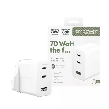 PanzerGlass empower™ by ® carregador múltiplo Turbo 70W incl. 2 x USB-C + USB-A | ficha UK | branco prateado