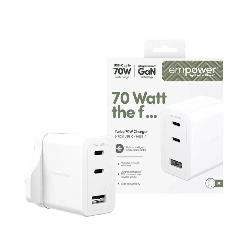 PanzerGlass empower™ by ® carregador múltiplo Turbo 70W incl. 2 x USB-C + USB-A | ficha UK | branco prateado