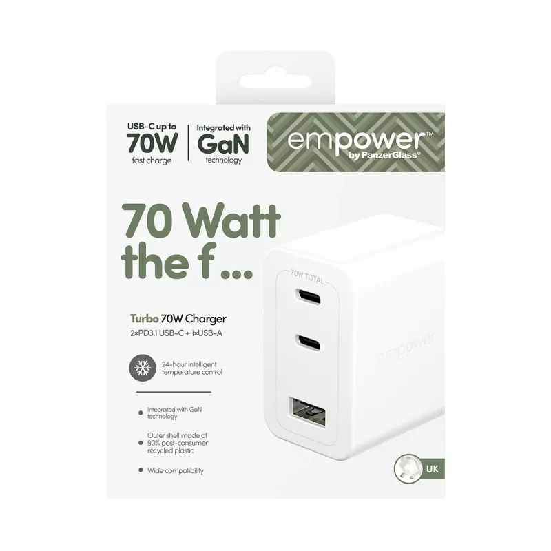 PanzerGlass empower™ by ® carregador múltiplo Turbo 70W incl. 2 x USB-C + USB-A | ficha UK | branco prateado