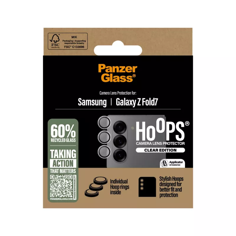 Vidro de proteção da câmara PanzerGlass Hoops transparente para Samsung Galaxy Z Fold7 (vidro temperado, silicone)