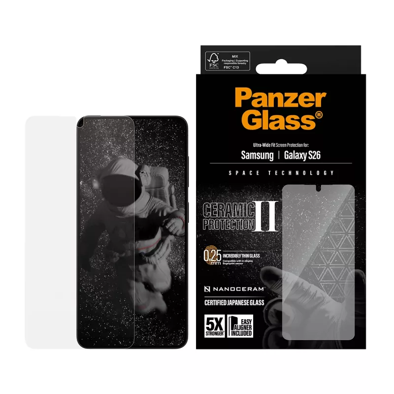 PanzerGlass® proteção de ecrã em cerâmica Samsung Galaxy S26 | Ultra-Wide Fit com EasyAligner