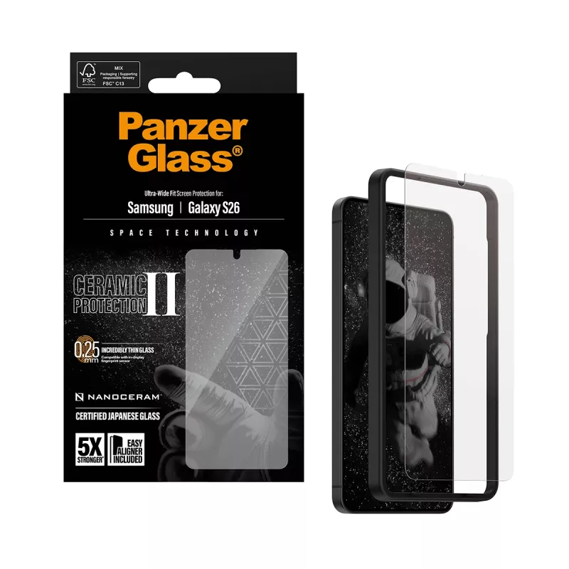 PanzerGlass® proteção de ecrã em cerâmica Samsung Galaxy S26 | Ultra-Wide Fit com EasyAligner