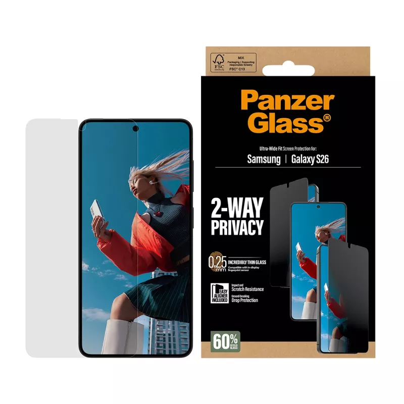 PanzerGlass 2-Way Privacy Screen Protector para Samsung Galaxy S26 — Ultra-Wide Fit, PET + silicone, resistente a riscos e choques