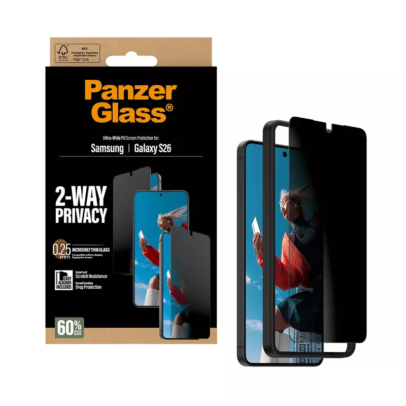 PanzerGlass 2-Way Privacy Screen Protector para Samsung Galaxy S26 — Ultra-Wide Fit, PET + silicone, resistente a riscos e choques