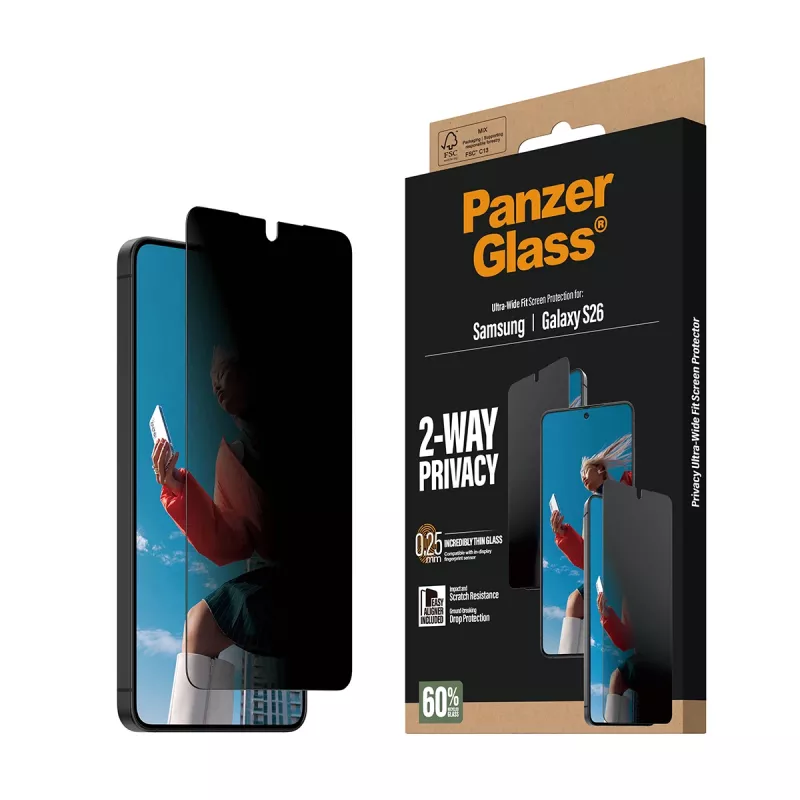 PanzerGlass 2-Way Privacy Screen Protector para Samsung Galaxy S26 — Ultra-Wide Fit, PET + silicone, resistente a riscos e choques