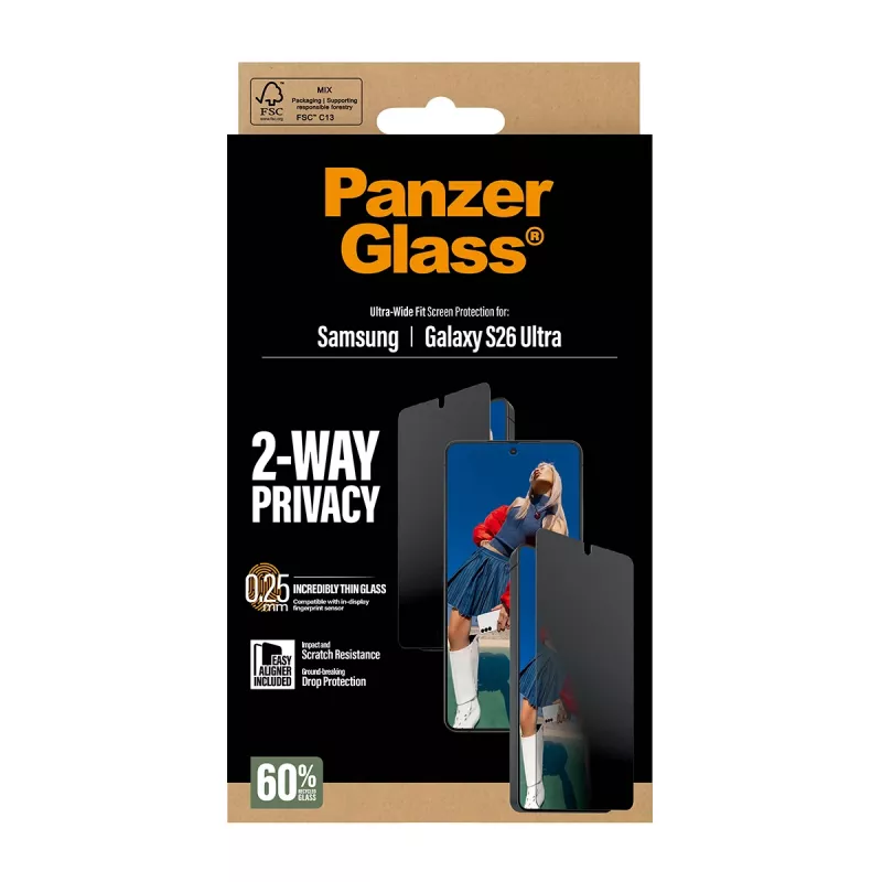 Proteção de ecrã PanzerGlass 2-Way Privacy para Samsung Galaxy S26 Ultra — filtro de privacidade PET, EasyAligner, 1 unid.