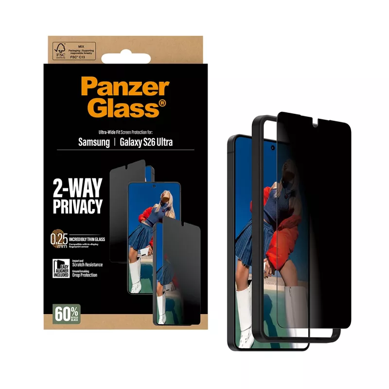 Proteção de ecrã PanzerGlass 2-Way Privacy para Samsung Galaxy S26 Ultra — filtro de privacidade PET, EasyAligner, 1 unid.