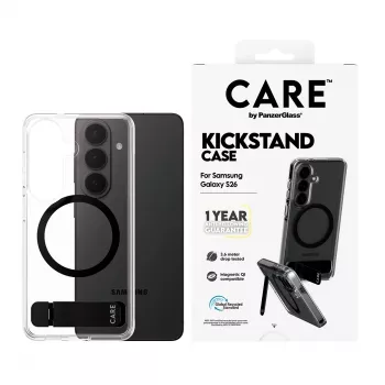 Capa protetora PanzerGlass CARE™ Urban Explorer Case para Samsung Galaxy S26, transparente com suporte preto e suporte Qi